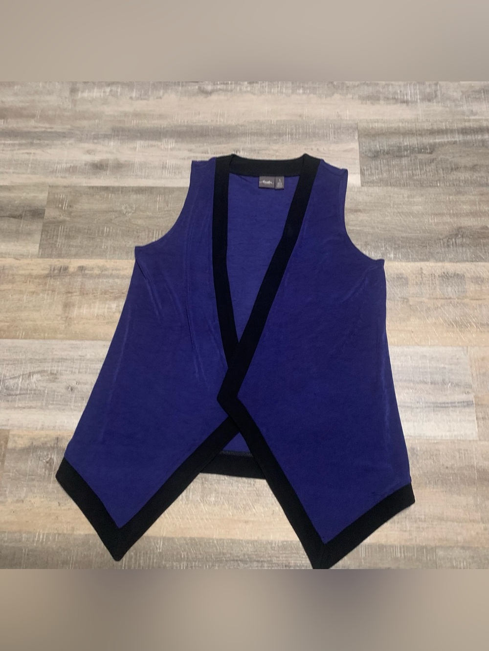 Chico’s Travelers Slinky Knit Blue & Black Open Front Cardigan Vest Size 1 M